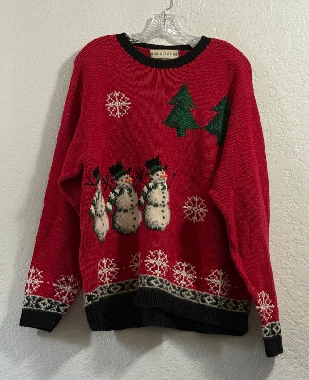 Vintage Marisa Christina Hand Knitted Christmas Sweater Snowman Snowflakes XL